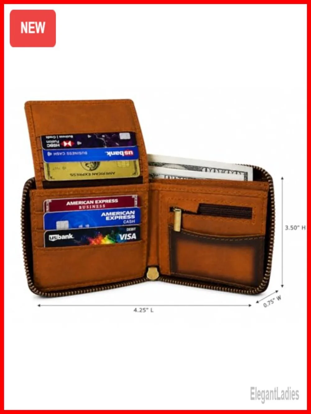 Handmade Teak Leather Bifold Wallet with Zipper – 8 Card Slots, Coin Pocket